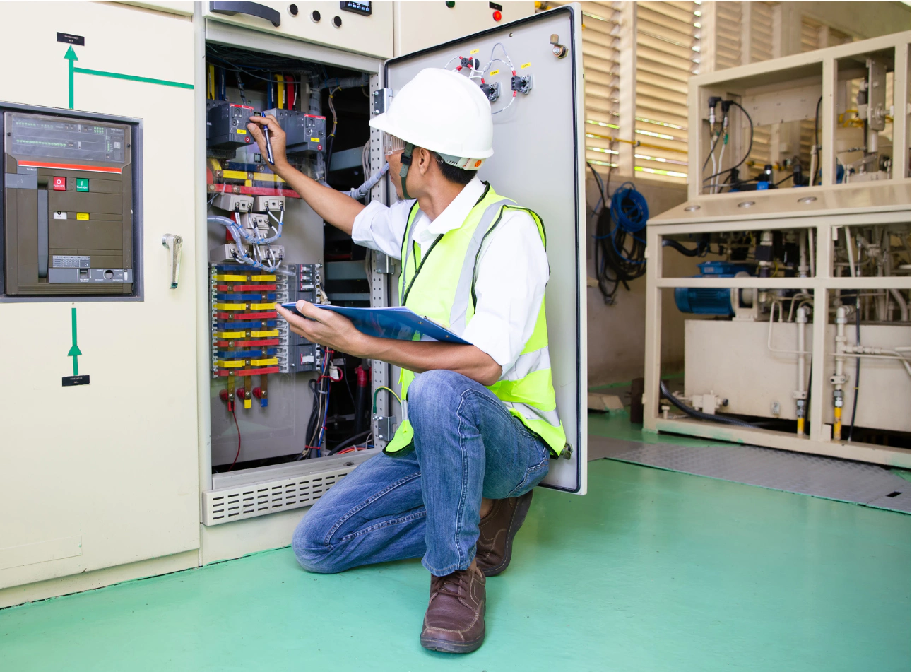 An electrician working commercial circuit breaker
